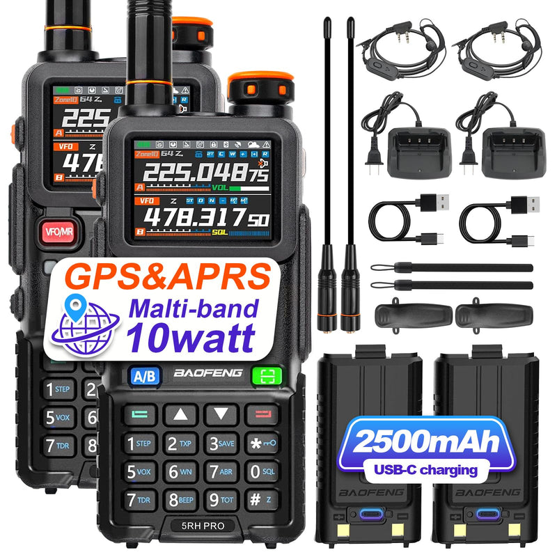 BAOFENG 5RH PRO 10W GPS APRS Ham Radio Hanheld Long Range Walkie Talkie with Earpiece 2P Full Kits