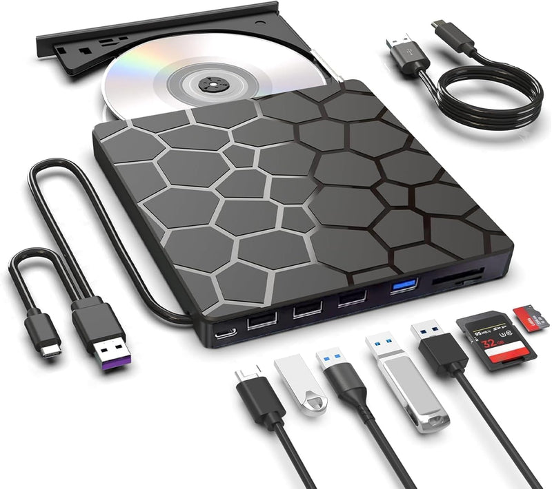8 in 1 External CD DVD Drive USB 3.0 and Type-C Disc Reader Burner Player | Optical Drive for PC Laptop Desktop MacBook Mac Windows Linux OS Apple 8 in 1