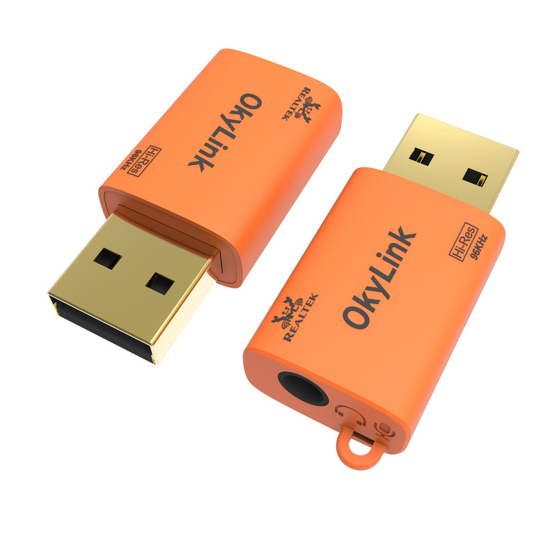 OkyLink USB to 3.5mm Audio Adapter, 96kHz Hi-Res DAC, Plug and Play,2-Pack | External Sound Card, TRRS 4-Pole, Realtek DAC Chip, Compatible with PS5/PS4, Windows, Mac Orange 2 Pack