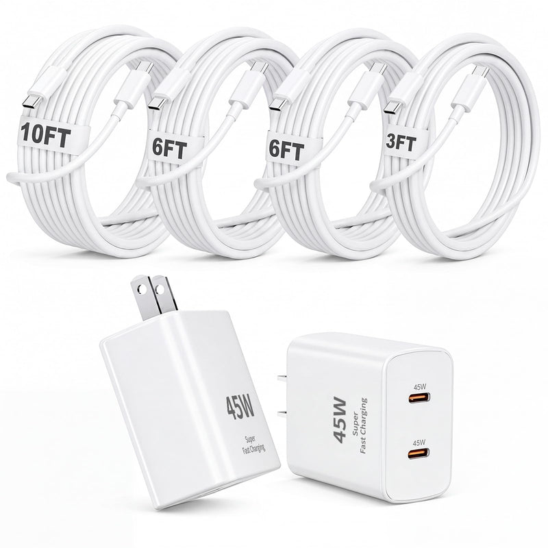 Apple 17e Fast Charging Block,[Apple MFi Certified]45W Dual Port iPhone Charger Fast Charging Plug & 4 Pack 60W USB C Cable Cord[3/6/6/10FT]for iPhone 17/17 Pro/17 Air/16/16 e/16 Pro/16 Plus/15/15 Pro Whitte