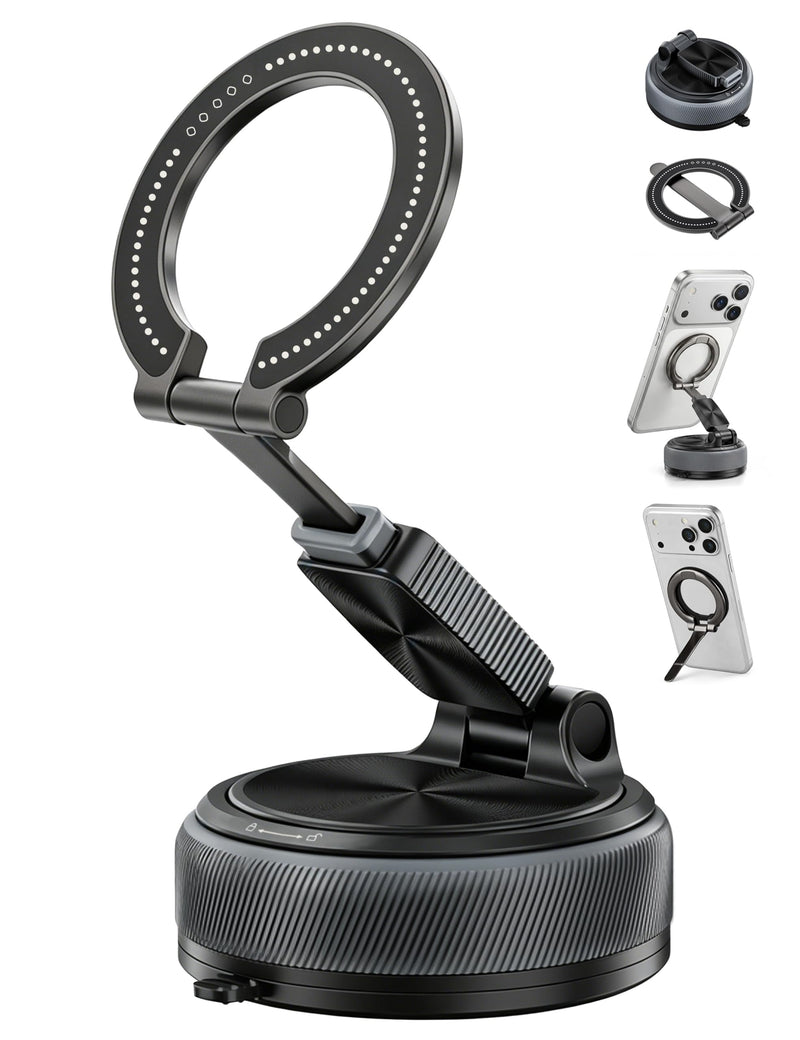 Magnetic Car Phone Mount 2-in-1 Detachable Ring Grip & Windshield Dashboard Vacuum Suction Phone Stand Finger Ring Kickstand Holder for Magsafe Compatible with iPhone 17 16 15 Pro Max Android Black & Gunmetal Gray
