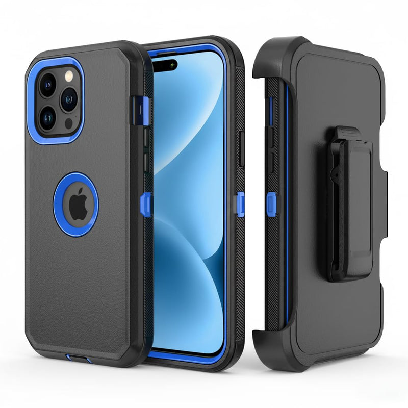 Phone Case for iPhone 15 Pro Max Case,Heavy Duty Hard Shockproof Armor Protector Case Cover with Belt Clip Holster for Apple iPhone 15 Pro Max 6.7 5G 2023 Phone Case (Black+Blue) Black+Blue