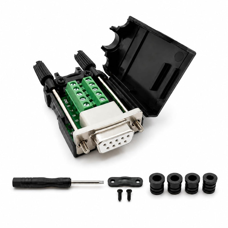 UHUZZ 1PCS DB9 Female Breakout Connector, Solderless 9-Pin D-Sub RS232 Serial Adapter with Screw Terminals, Protective Housing, Long Screws and Tail Pipe for PLC, Modem, Industrial Equipment 1 pcs