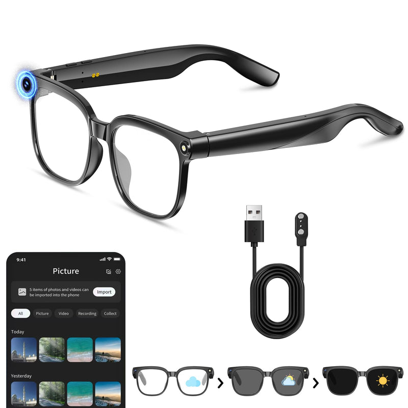 Smart Glasses with Camera, 8MP Anti-Shake Photochromic Smart Glasses | 1200P HD Video, Real Time Translation, AI Voice Assistant, Open Earbuds, Travel, Work Black