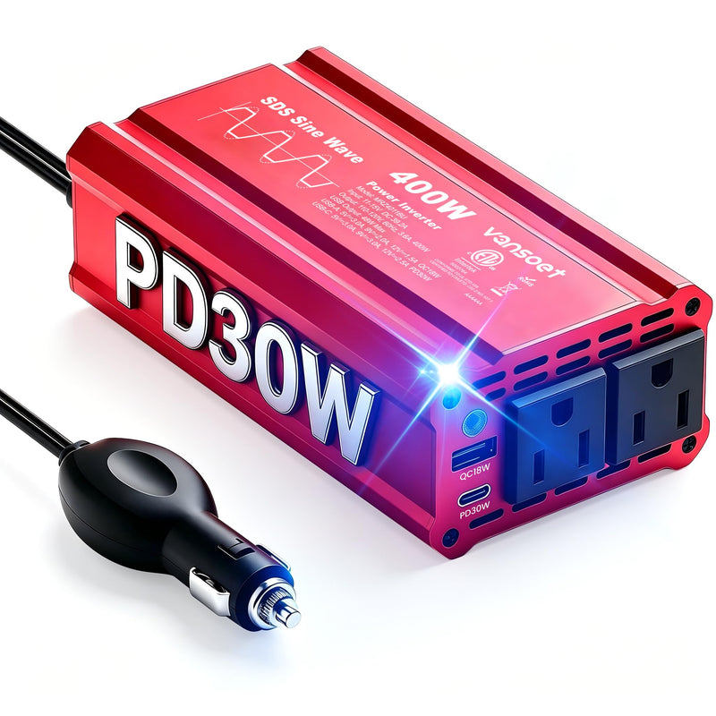 400W Car Power Inverter, DC 12V to AC 110V, PD3.0 QC18W 2 Outlets Dual USB | Peak Clipped Sine Wave, Car Charger Plug Adapter Power Converter, Charging Ports (Red-400) Red-30