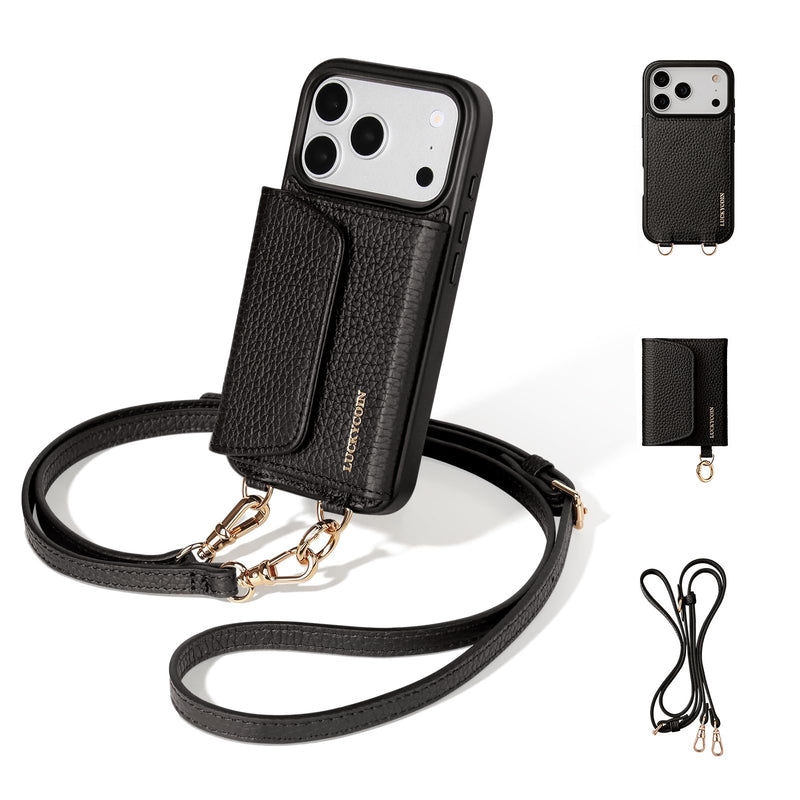 LUCKYCOIN Genuine Leather Crossbody Wallet Phone Case for iPhone 17 Pro | 100% Genuine Leather, Compatible with MagSafe, Removable Purse Flip Card Holder（with RFID Blocking）& Adjustable Strap, Black