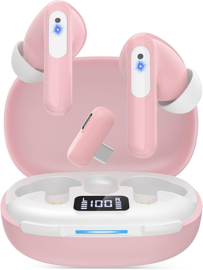 RYR Wireless Gaming Earbuds with Noise Cancelling Mic, 2.4Ghz & Bluetooth | 20ms Low Latency, LED Display, 36H Playtime for Meta Quest 3/2, PS5, PS4, VR, Switch, Steam Deck, PC, Phone Pink