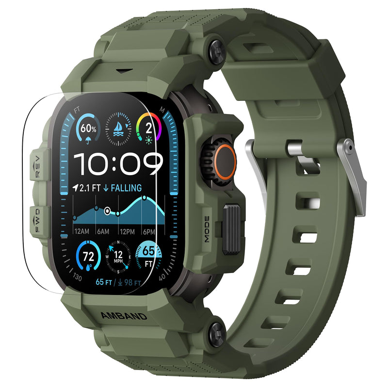 amBand Rugged Case with Band Compatible with Apple Watch Ultra 3/2/1 49mm for Men, Shockproof Protective Case with 9H Screen Protector, Sport Band & Bumper Cover, Army Green