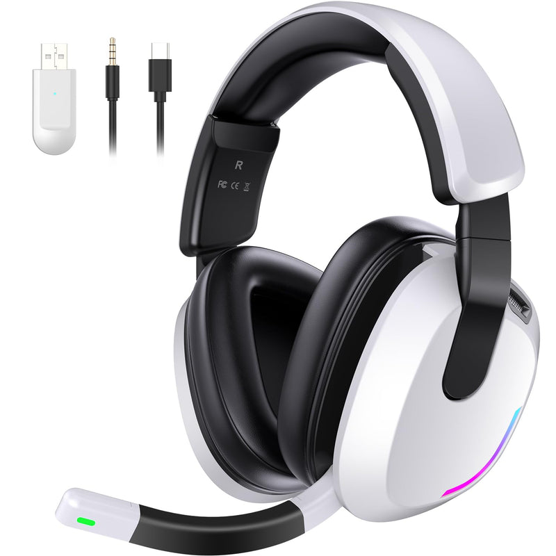 BENGOO 60H Wireless Gaming Headset with RGB Lights for PS5 PS4 PC | 7.1 Surround Sound, Noise Cancelling Mic, Bluetooth 5.4, Memory Foam Ear Cushions, Compatible with Switch Mac White