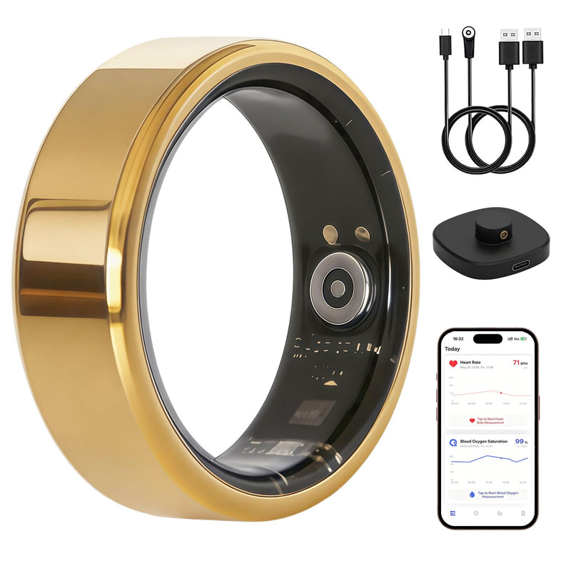 Smart Ring for Women & Men, Fitness Tracker Ring with Charging Case, Supports Heart Rate, HRV, Blood Oxygen, IP68 Waterproof, Sleep Tracking Ring for iOS and Android, No Subscription Fees(Gold 7) Gold