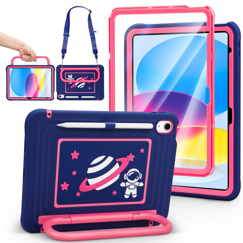 Kids Case for iPad (A16) 11th/10th Generation 10.9"/11" 2025/2022 Release | DJ&RPPQ With Screen Protector, Degree Fold Handle Stand, Shoulder Strap, Pencil Holder for ipad A16 case kids Navy Pink Pink Blue