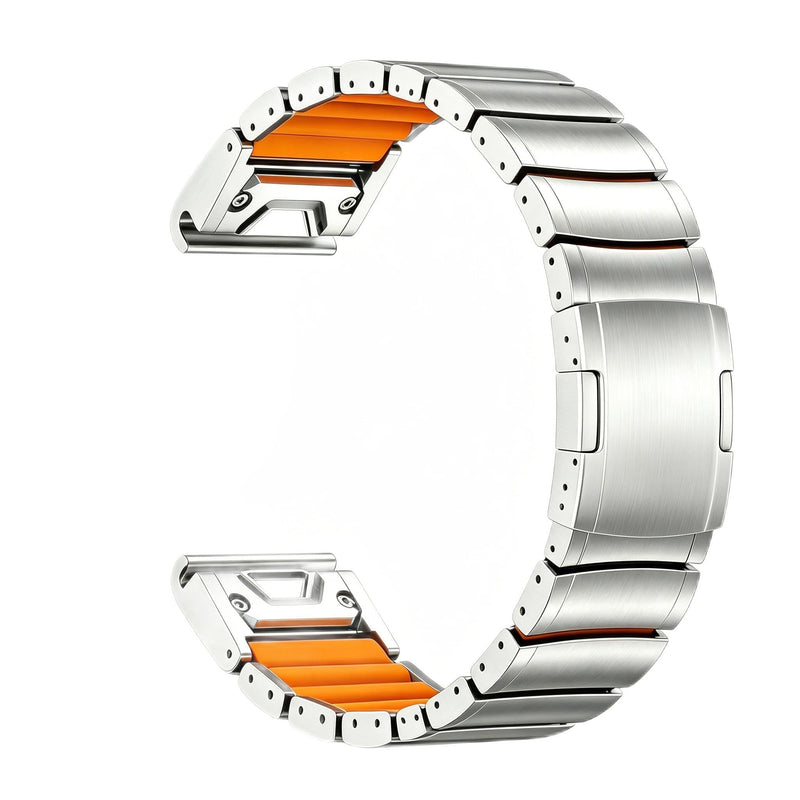 Titanium Garmin QuickFit Watch Band, Silicone Lined, Deployment Clasp | MaKTech Lightweight Bracelet, DLC Scratch-Resistant, Deployment Clasp, for Garmin Watch Silver/Orange 22mm