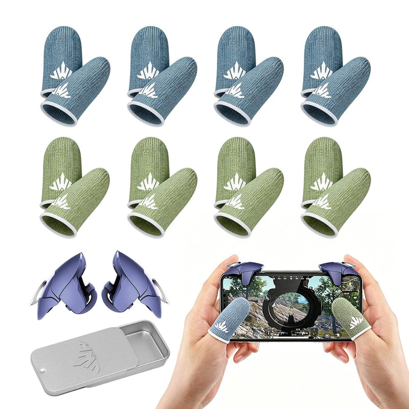 JWH 16 PCS Mobile Gaming Finger Sleeves for Dedales Gamer Profesionales Silver Fiber Thumb Sleeves with Pubg Controller Anti Slip Sweat Proof Finger Gloves (8XBlue+8XGreen+Box+Game Controller) 8XBlue+8XGreen+Box+Game Controller
