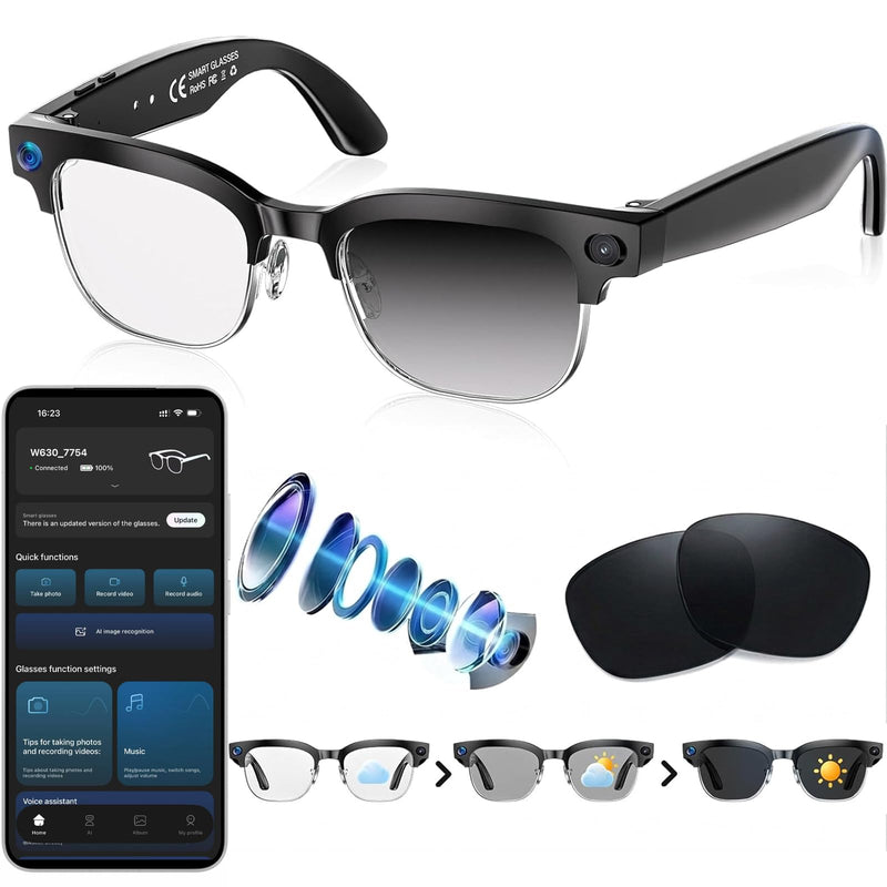 AI Smart Glasses Camera, 4K EIS Anti-Shake Photo & Photochromic | Real-Time Translation, Object Recognition, Voice Assistant, Open-Ear BT, 4K Video Recording, Photochromic & Extra Lenses Black