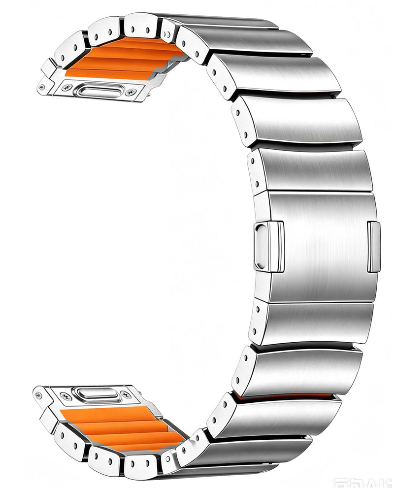 22mm Titanium Watch Band, Silicone Lined, DLC-Coated, MAG | MaKTech Lightweight Bracelet, Magnetic Clasp, for Galaxy Watch 46mm, HUAWEI GT6 46mm, Garmin Forerunner 47mm Silver/Orange