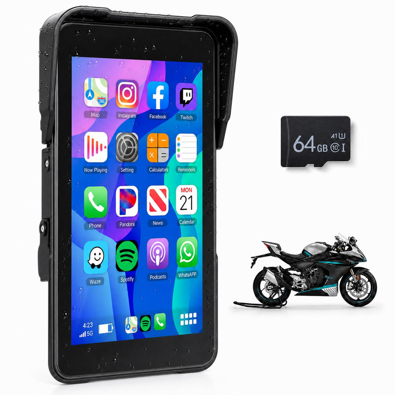 Motorcycle Carplay Screen 5 Inch GPS Navigation System with Wireless Carplay and Android Auto IP68 Waterproof Portable Screen Plug and Play with Bluetooth Navigation Software Upgrade Brightness Adjust