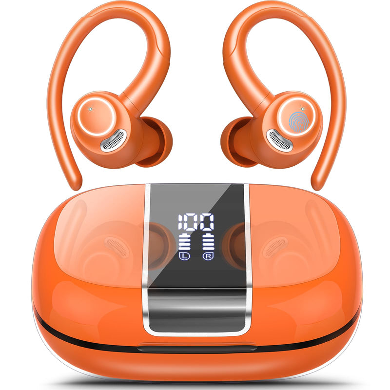 Wireless Earbuds with Earhook, 48H Deep Bass/ENC Mic Ear Bud Pumpkin Orange | Wireless Earphone with LED Display, Bluetooth 5.3 Headphones In Ear, IPX7 Waterproof Over Ear Buds for Running/Workout