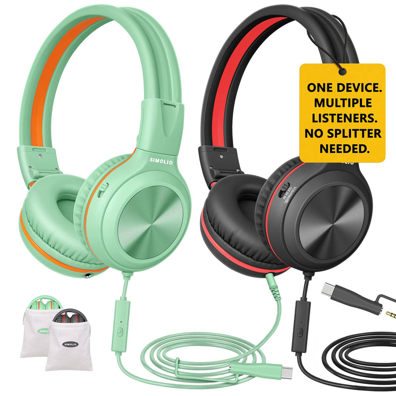 SIMOLIO Manyshare Kids Headphones for School with Microphone,PC | Share Port & Volume Limit , Durable & Portable 3.5mmOver-Ear Headset with Pouch for Online learning,School,Travel,Tablet Sleek Black & Fresh Green