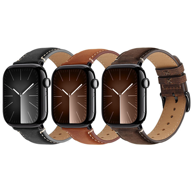 Wristitani 3 Pack Genuine Leather Bands Compatible With Apple Watch | Fit size 49/46/45/44/42/41/40mm,Series 11 10 9 8 7 6 5 4, Ultra 3/2/1,SE 3/2/1 ,Leather Replacement Straps for Men Black+Black Buckle/Dark Coffee+Black Buckle/Dark Brown+Black Buckle