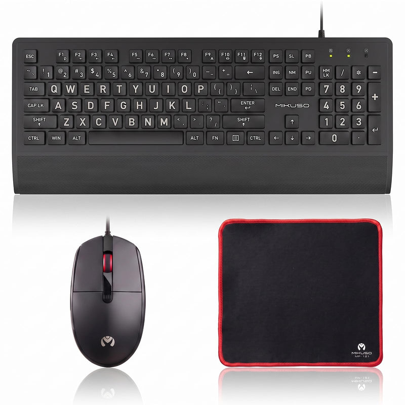 Large Print Keyboard Mouse Combo for Seniors, Wired 3-in-1 Set | 4X Oversized Print, Laser-Etched Non-Fade, Full-Size Numpad, Mouse + Pad + Dust Cover, Ergonomic Design Black（3 in 1）