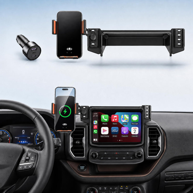 Car Phone Holder for Ford Bronco Sport 2021-2024 Accessories, 8-Inch Touchscreen Phone Mount with Up to 15W Fast Wireless Charging, Auto-Clamping Aluminum Holder, 360° Rotation, Keeps Air Vents Clear