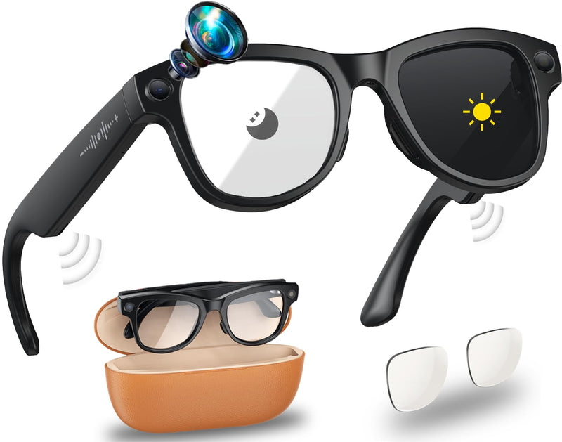 AI Smart Glasses with Real-Time Language Translation & 4K Camera | ChatGPT Powered Voice Assistant, Open Ear Headphones, Object Recognition & 3600mAh Charging Case for Travel & Content Creation