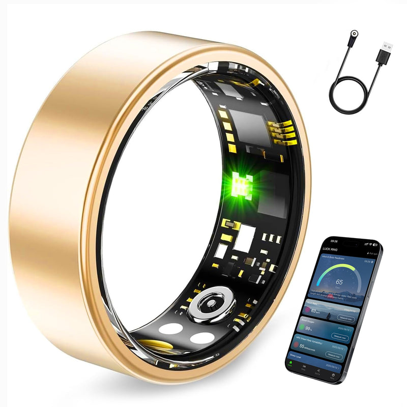 Smart Ring for Women & Men, (No charging case), Fitness Ring with Heart Rate, Blood Oxygen, HRV, Sleep & Step Tracking, No Subscription, IP68 Waterproof, Compatible with iOS & Android (Gold, #7)