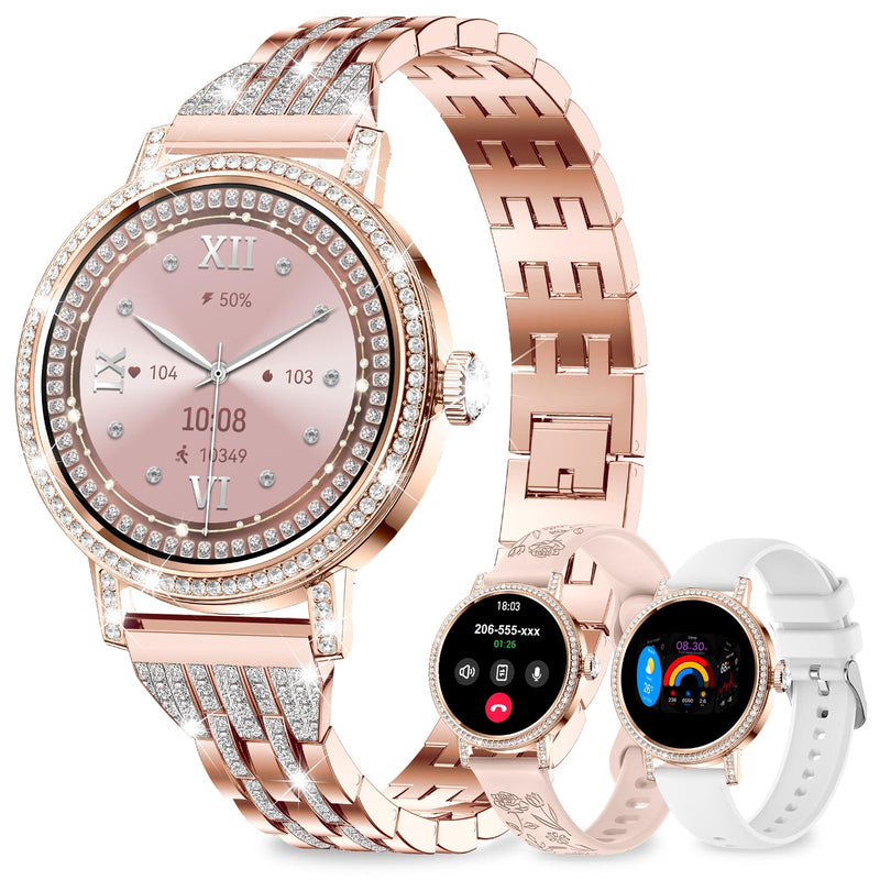 Smart Watches for Women:1.27" HD Smart Watch Bluetooth Calls,3 Bands,BP/Sleep/Steps,120+ Sports Fitness Tracker Android&iOS (Rose Gold)