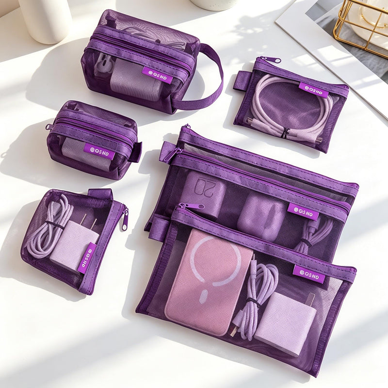 6Pcs Purple Mesh Zipper Pouch Set, Multi-Size Travel Organizer Bags for Electronics, Cosmetics, Cables, Portable See-Through Pouches