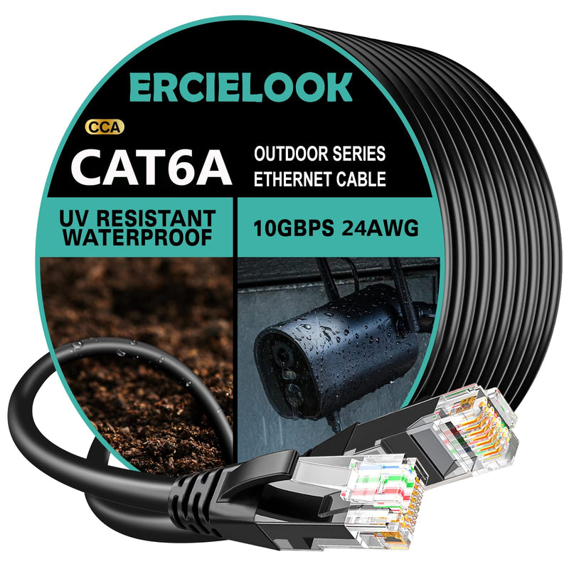Ercielook Cat6 Outdoor Ethernet Cable 300 ft, Direct Burial for POE, Black | LLDPE UV Jacket, Weather-Resistant, 10Gbps high Speed, 24AWG CCA UTP Network Cable, fits Outdoor Courtyards, Backyard, Router 300FT