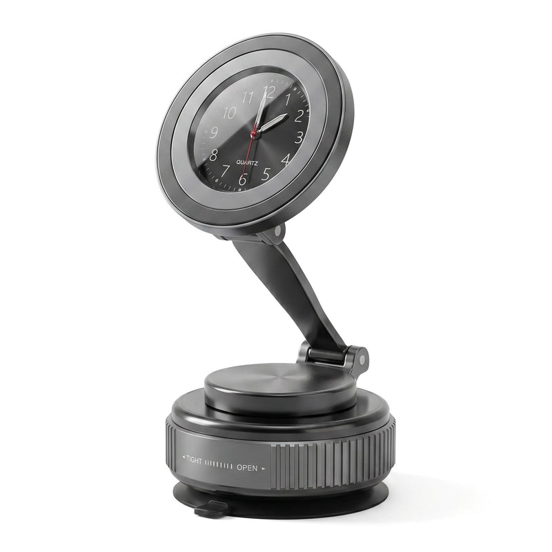 Car Mount with Clock, Folding Stand Design, Round Dial, Silver, Car or Desk