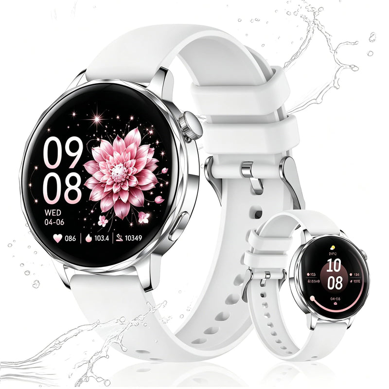 Smart Watch for Women with Bluetooth Calling, 1.27" AMOLED Touchscreen, IP68 Waterproof Fitness Tracker with Heart Rate & Sleep Monitor, 100+ Sports Modes for Android & iPhone (White)