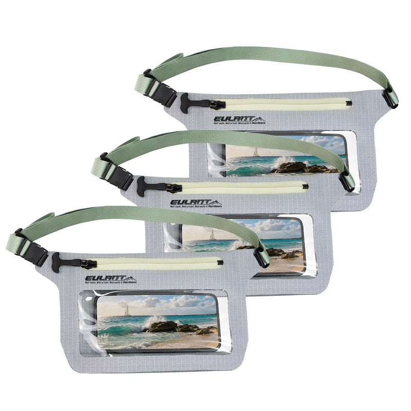 EULANT IPX8 Waterproof Phone Pouch,Reusable Fanny Pack Dry Bag | Fanny Pack Dry Bag with Screen Touch Sensitive for Beach Swimming,Boating,Kayaking,Rafting Light Gray 3 PC