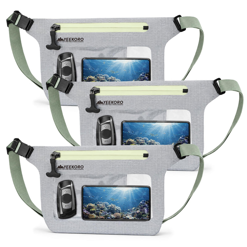 Phone Pouch, IPX8 Waterproof Reusable Fanny Pack,Large Dry Bag | Touch Screen for Kayaking Paddle Boarding Water Park Swimming, Crossbody bags with Adjustable Waist Strap Grey 3 Pack