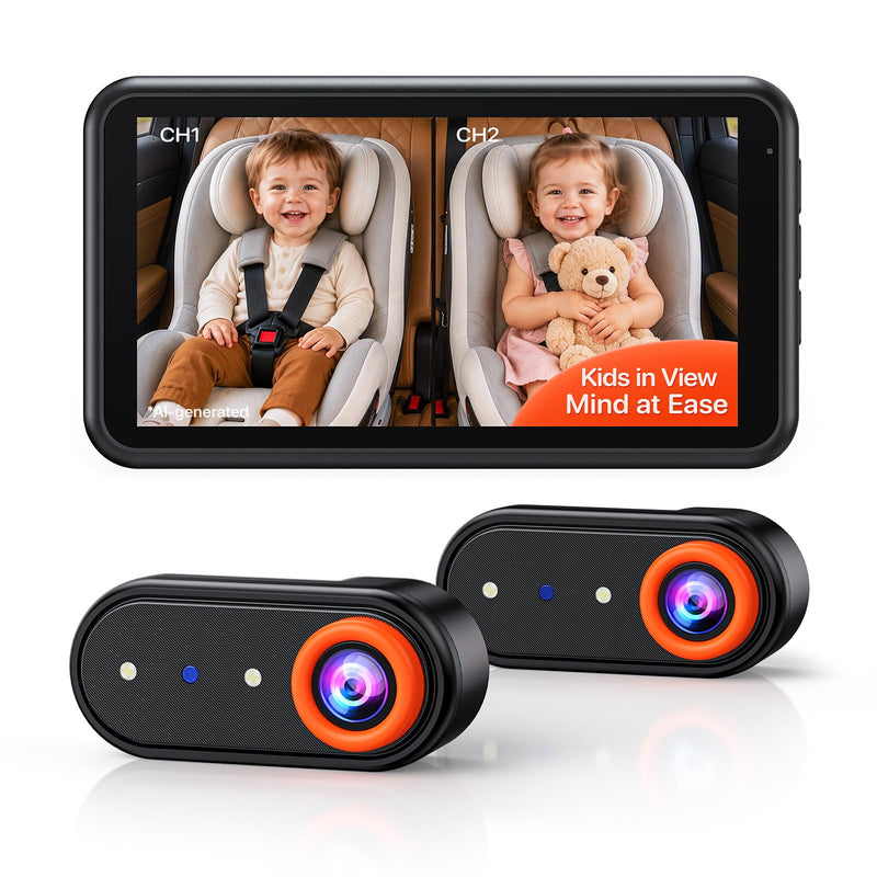LUCKVIEW BM2PRO Dual Car Camera Baby Monitor for 2 Kids | 5.2'' 1080P HD, Split Screen & Full View, Auto Night Vision, Easy 3-Step Setup for Rear-Facing Infants & Toddlers Orange