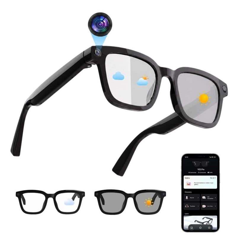 AI Smart Glasses with 8MP HD Camera, AI Translation, Bluetooth 5.3 | 1200P Video Recording with EIS, 139+ Languages Translation, Photochromic Lenses, Object Recognition, Open-Ear Bluetooth Audio Black