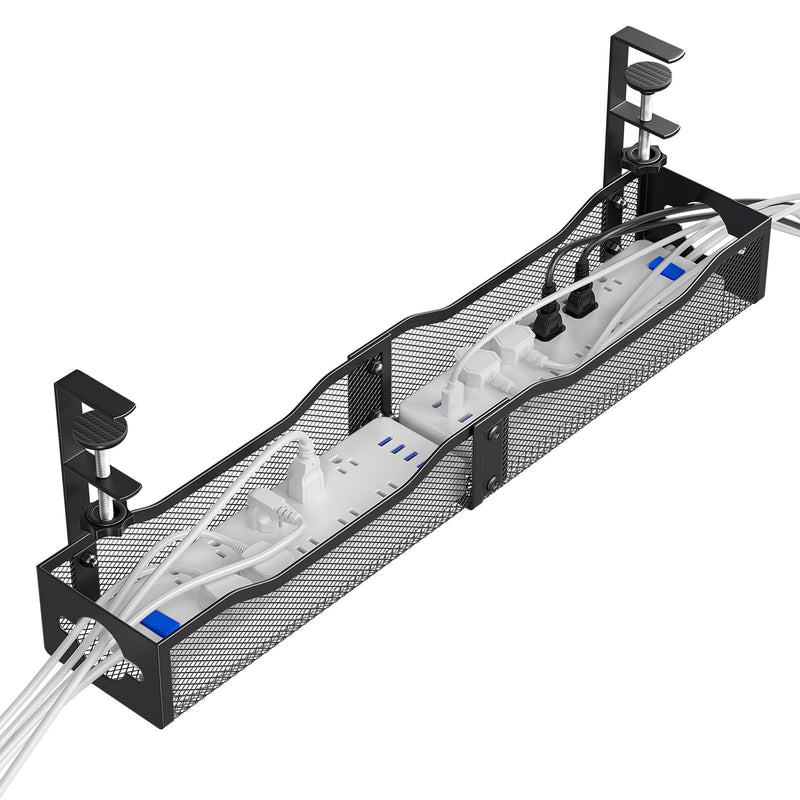 DELAMU 25'' Upgraded No Drilling Under Desk Cable Management Tray, Black | Under Desk Cable Management, Extra-Long, No Tools Required Installation, Height-adjustable, Home Office Gaming Accessories Glossy Black Extended