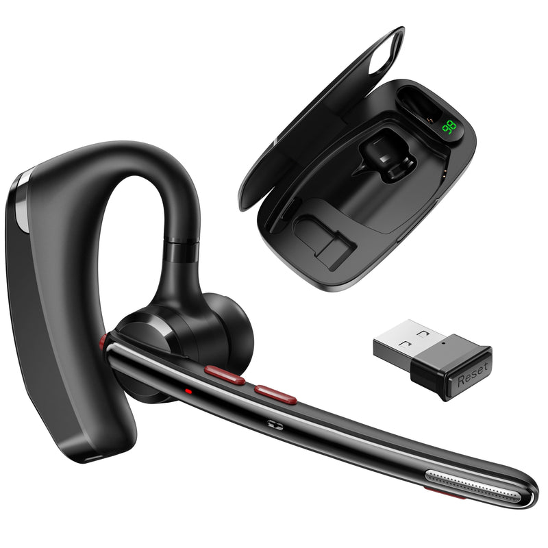 Bluetooth Headset V5.3, Wireless Headset with Dual Noise-Canceling Mic, Portable Charging Case, 300H Standby Time, Hands Free Headset for Cell Phones Working Trucker Offic Home (Slate)