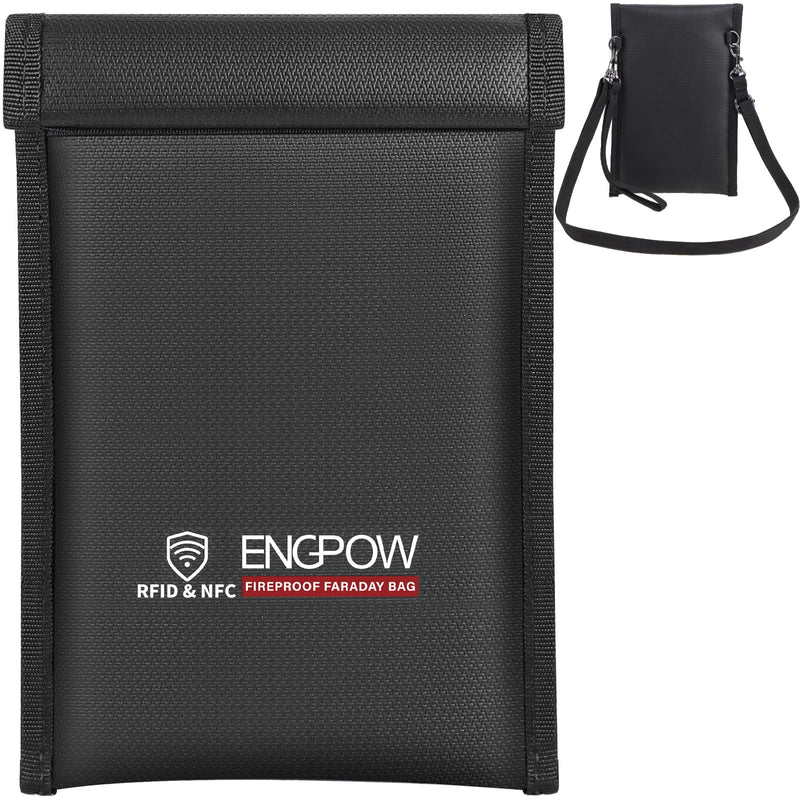 ENGPOW Military Grade Faraday Bag for Phones, Signal Blocking Pouch Black | Fireproof, Waterproof, Anti-Tracking, RFID Blocker (5G/GPS/WiFi/Bluetooth) with Detachable Shoulder Straps, for Daily Travel