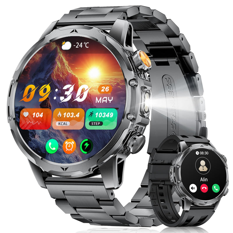 1.53'' Smart Watches for Men with 1000mAh Battery/Flashlight, Military Smart Watch with 120+ Sports Modes, Heart Rate/Sleep Monitor/IP68 Waterproof, Fitness Tracker for Android iOS, Jet Black