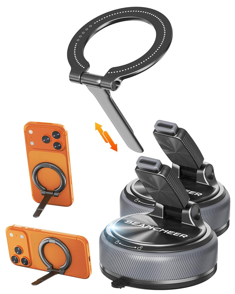 SEANCHEER Detachable 2-in-1 Magnetic Phone Holder for Car, Car Phone Mount | 360° Adjustable Suction Cup Phone Mount for MagSafe Cell Phone Holders for Your Car Dashboard & Windshield, for iPhone 17‑12 Single Head Dual Base
