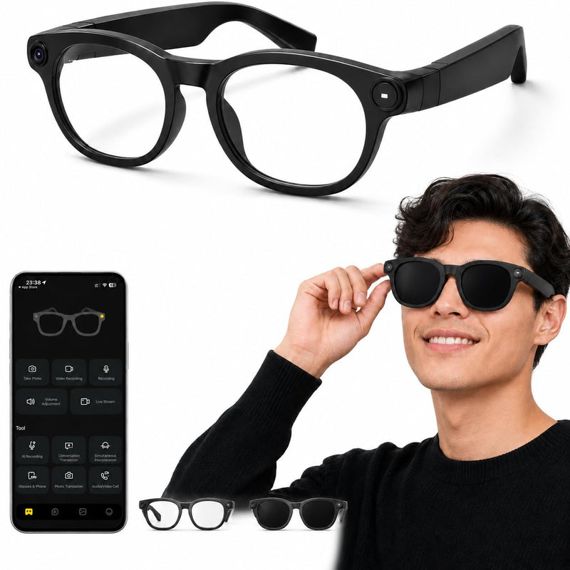 Smart Glasses with Camera - 8MP AI Glasses Video Recording 1080P Anti-Shake | POV Video, 165-Language Real-Time Translation, AI Voice Assistant, Open-Ear Audio, Bluetooth WiFi Sunglasses for Men & Women