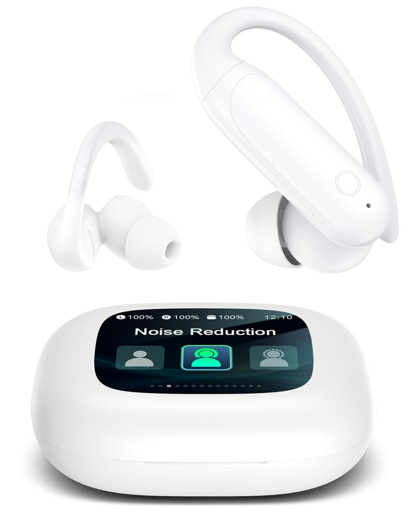 Wireless Earbuds Bluetooth 6.0 with ANC Touchscreen 40H Bass, Purewhite | Noise Cancelling Ear Buds with Ear Hooks for iOS, Android, Sports, Workout, Lightweight Over-ear Headphones Stereo Sound