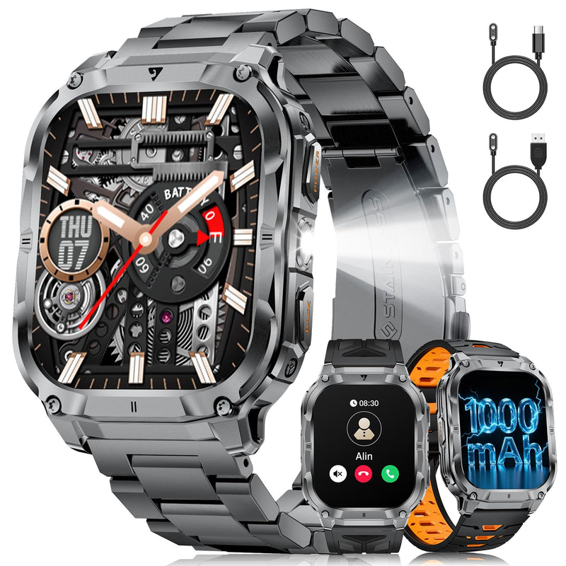 LIGE Military Smart Watch for Men(3 Bands),1000mAh/2 HD Large Screen Smartwatch, Flashlight/110+ Sports Modes, Fitness Tracker Watch for Android iOS,Black black