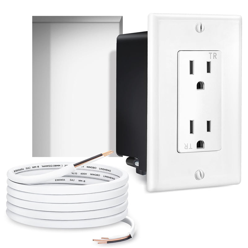 in-Wall Outlet Relocation Kit, 2 AC Outlets, 8 ft Cord, White | Recessed 2-outlet wall box and 8 ft cord for relocating power and hiding TV cords