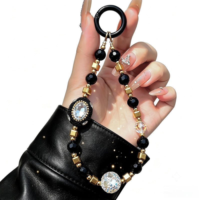 Luxury Beaded Phone Wrist Strap, Boho Rhinestone Phone Charm | Black Gold Glitter Crystal Diamond Phone Wristlet, Anti-Theft, Anti-Drop Short Strap, Hands-Free Phone Lanyard for Women
