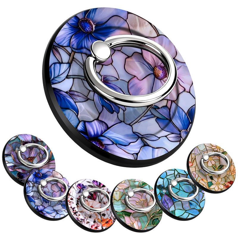 Magnetic Phone Ring Holder with MagSafe, 360° Rotation Super Magnet Finger Grip Removable Kickstand, Cute Stained Glass Floral Designed Stand for iPhone 17 16 15 14 13 12 Pro Max Plus, Purple Flower
