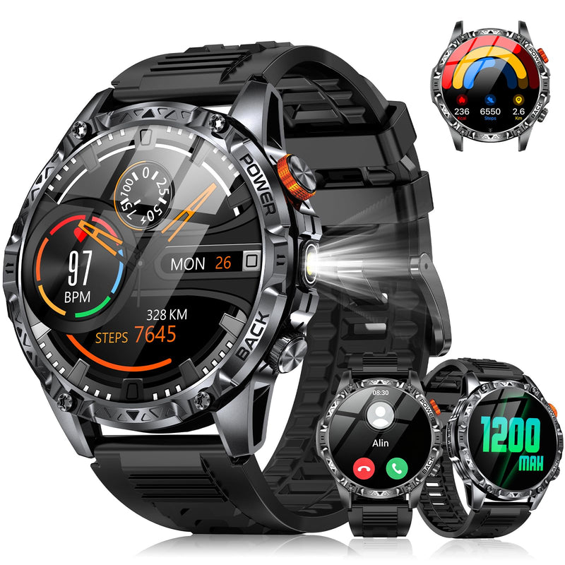 Rugged Smart Watch for Men, 1200mAh Battery, 1.7" AMOLED Display, Bluetooth Calling, IP68 Waterproof (Not for Swimming), 100+ Sports Modes, Compass & LED Flashlight for iPhone & Android