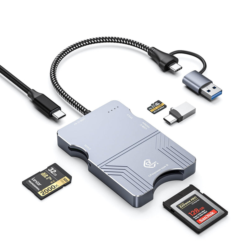 CFexpress Type B and SD & Micro SD Card Reader, 10Gbps USB 3.2 Gen 2 High Speed Memory Card Reader Adapter with USB A + USB C,Compatible with Windows/Mac/Chrome/Linux/Android Grey