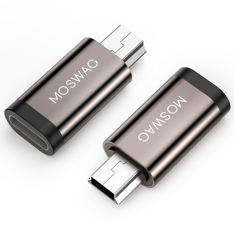 MOSWAG USB-C to Mini USB Adapter 2 Pack, 480M, 2.4A, GPS, GoPro, Camera | USB-C female to Mini USB male, charge & sync, 480Mbps, 2.4A, aluminum, compact, for Garmin, Canon, PS3, GPS, travel